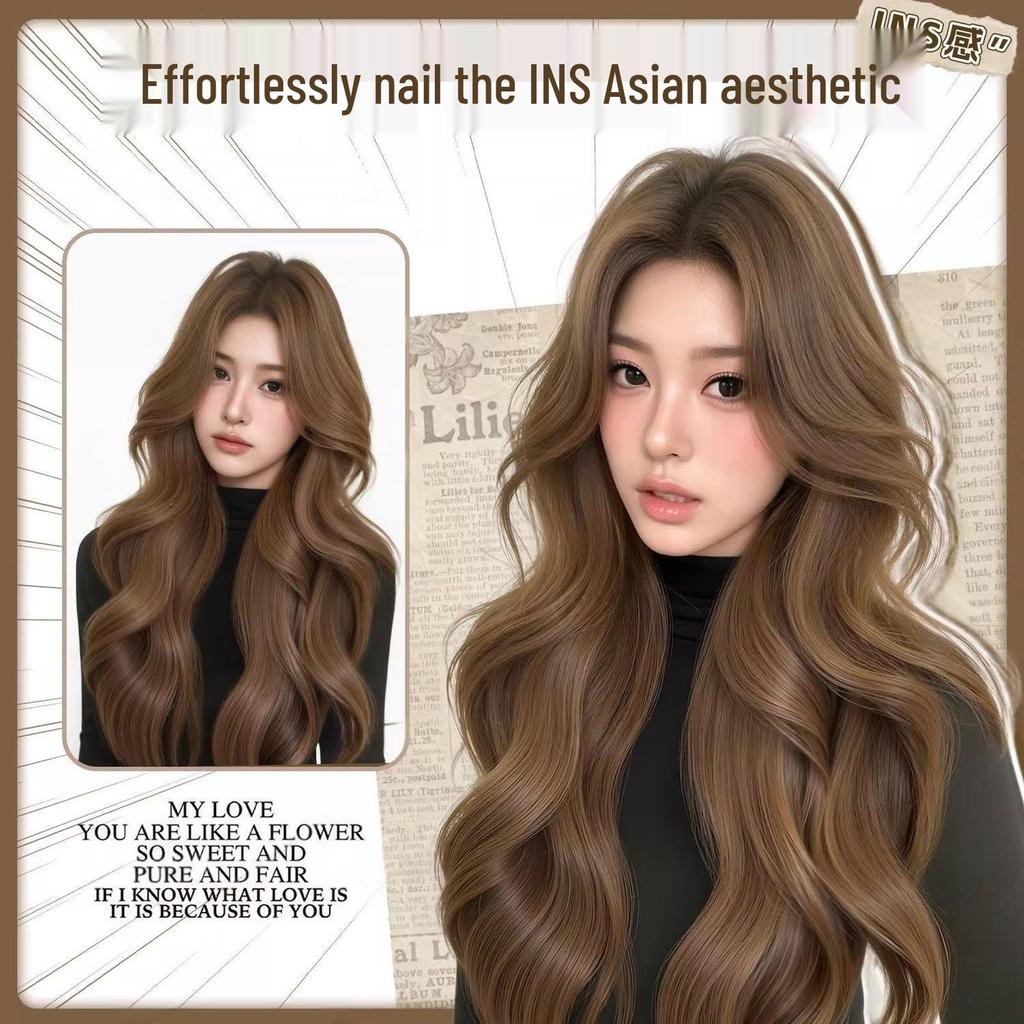Women's Long Curly Wig with Realistic Cold Brown Waves - Lolita Style Full Head Cover
