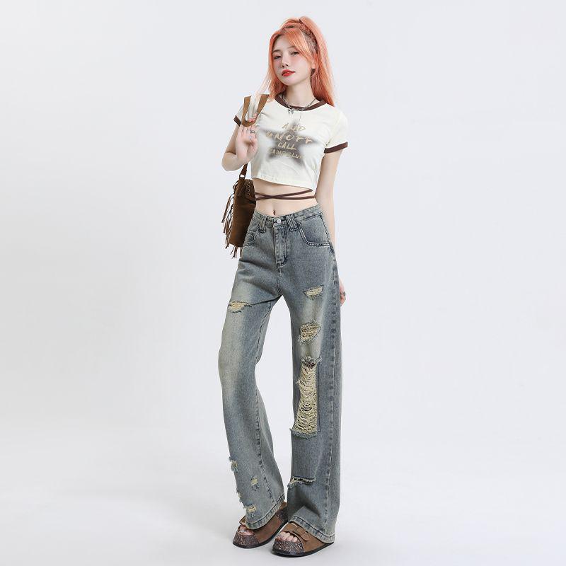 High Waist Ripped Wide Leg Jeans for Women - Trendy Slimming Fit
