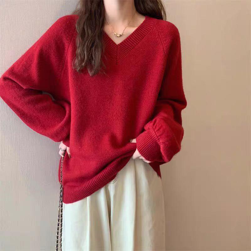 Women's Pink V-Neck Lazy Style Knit Sweater - New Autumn/Winter Design