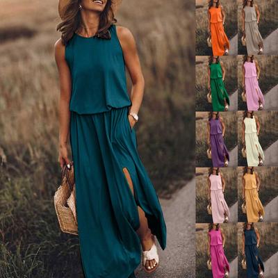 Women's Fashion Stitching Dress Elastic Waist Solid Color Round Neck Slit Sexy Dress