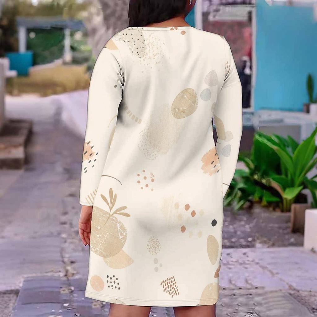 Women Plus Size V Neck Long Sleeve Fitted Printed Straight Midi Dress