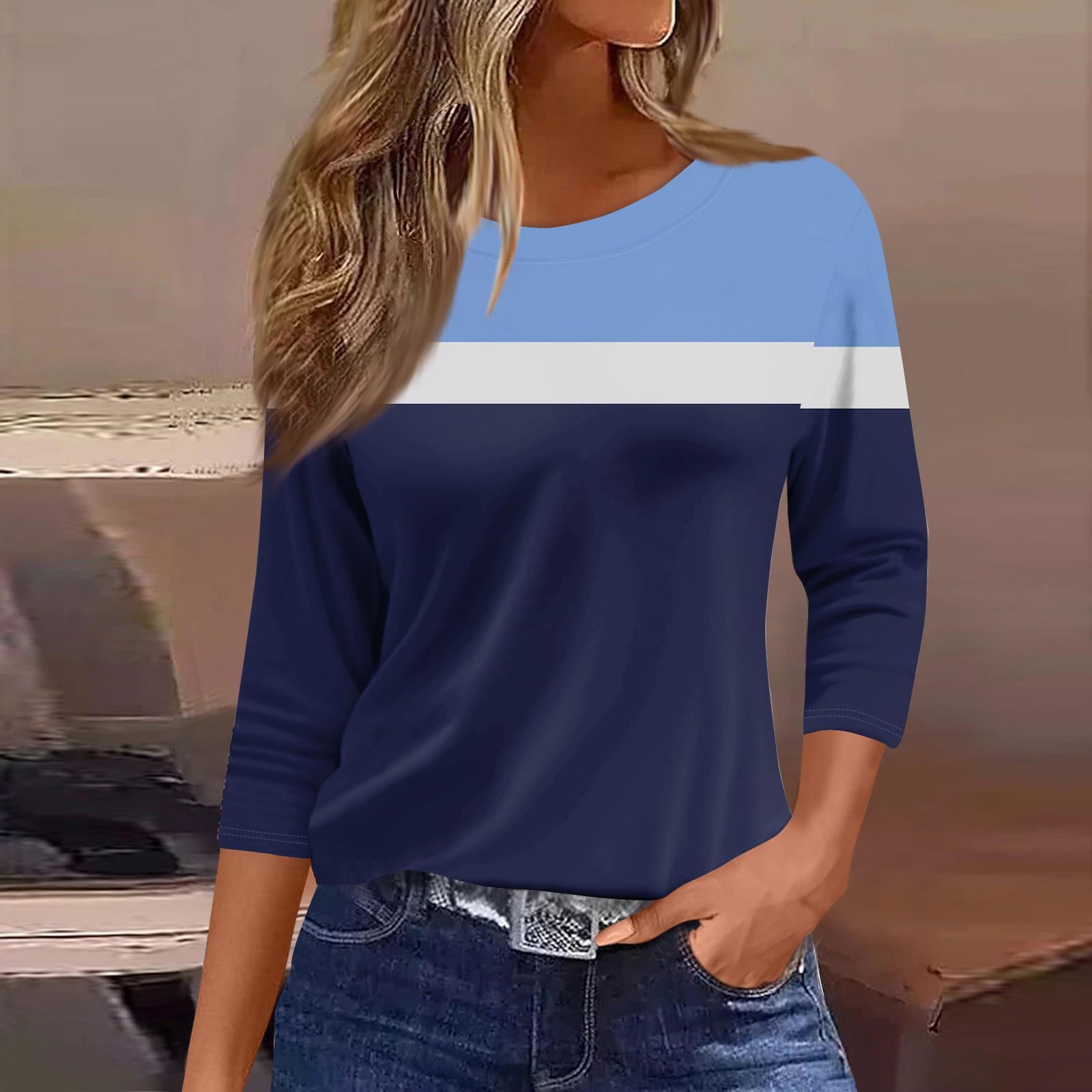 

Women s Fashionable Casual Round Neck T-Shirt With Striped Patchwork Print And Three-Quarter Sleeves XL темно-синього кольору