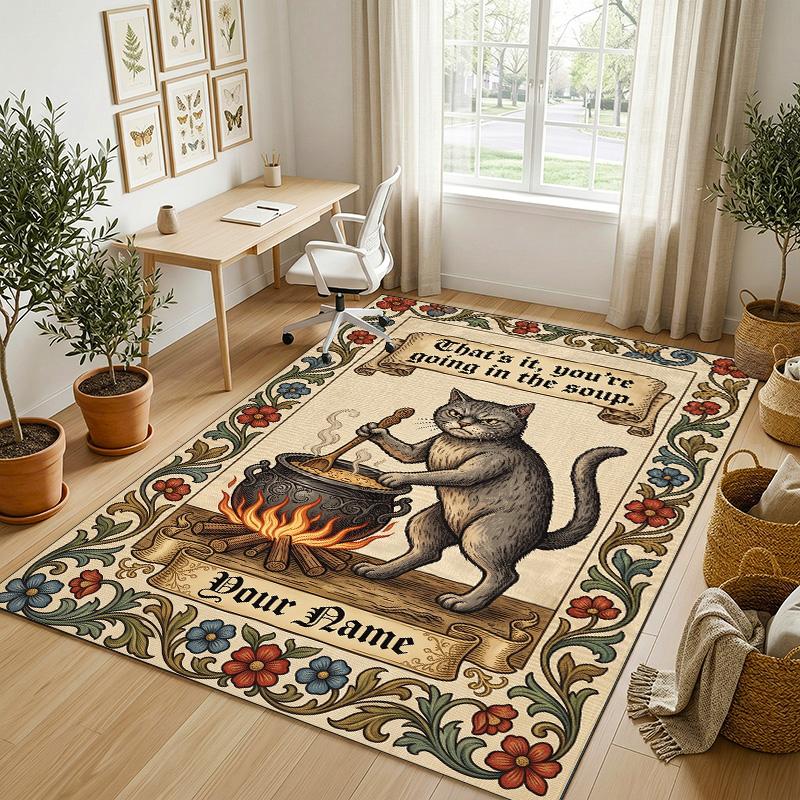 Cat Theme Crystal Velvet Rug Personalized Custom Name Text Soft Floor Mat Home Decor