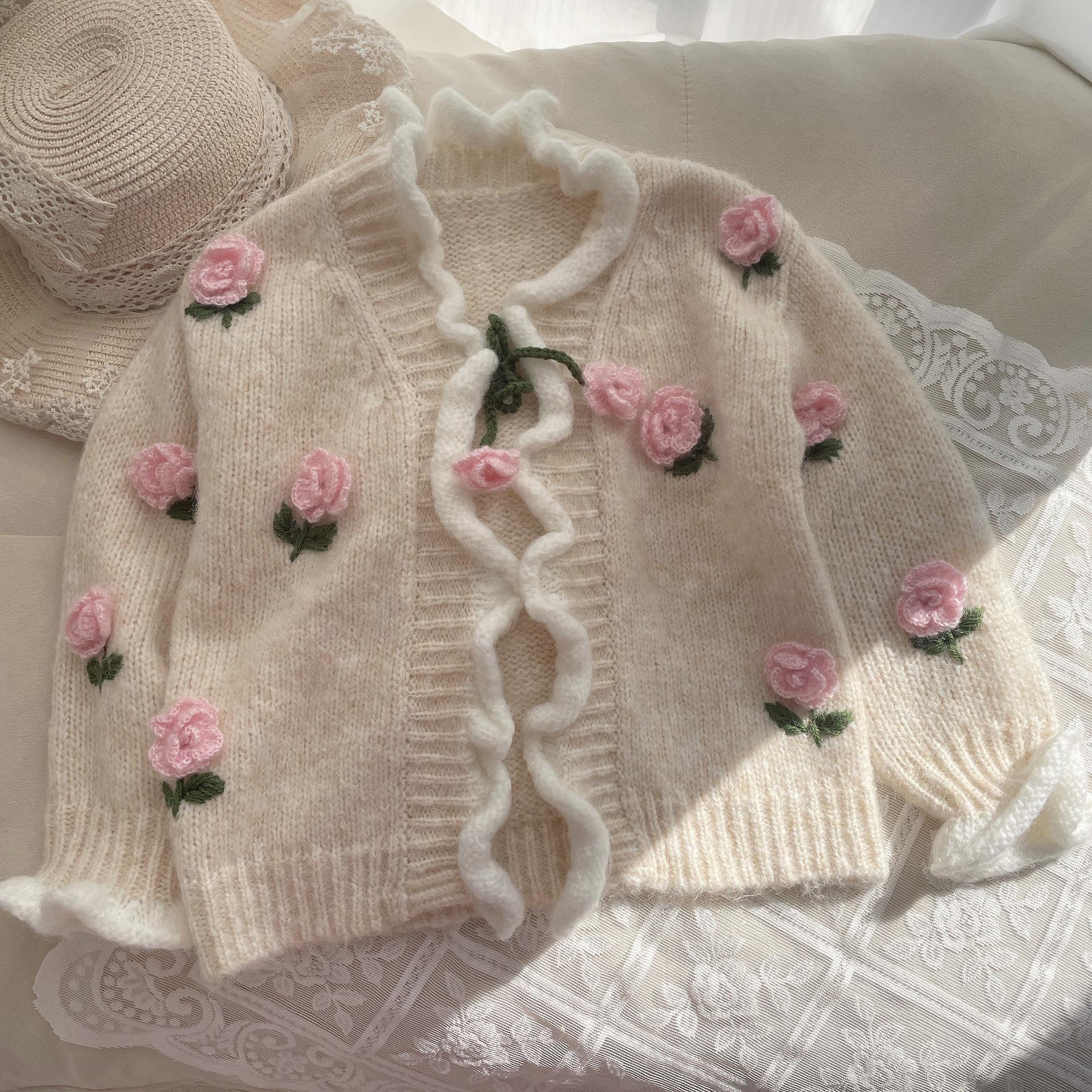 Autumn Winter 2025 Nordic Style Girls Handmade Embroidery Floral Knit Cardigan 90 cm
