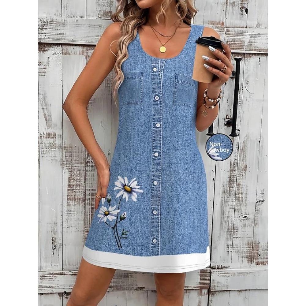 Женское платье Маленький размер Платье-сарафан Платье-майка Летнее платье Стильное Для отпуска Повседневное Праздничное Свободный крой Цветочный Без рукавов Круглый вырез S