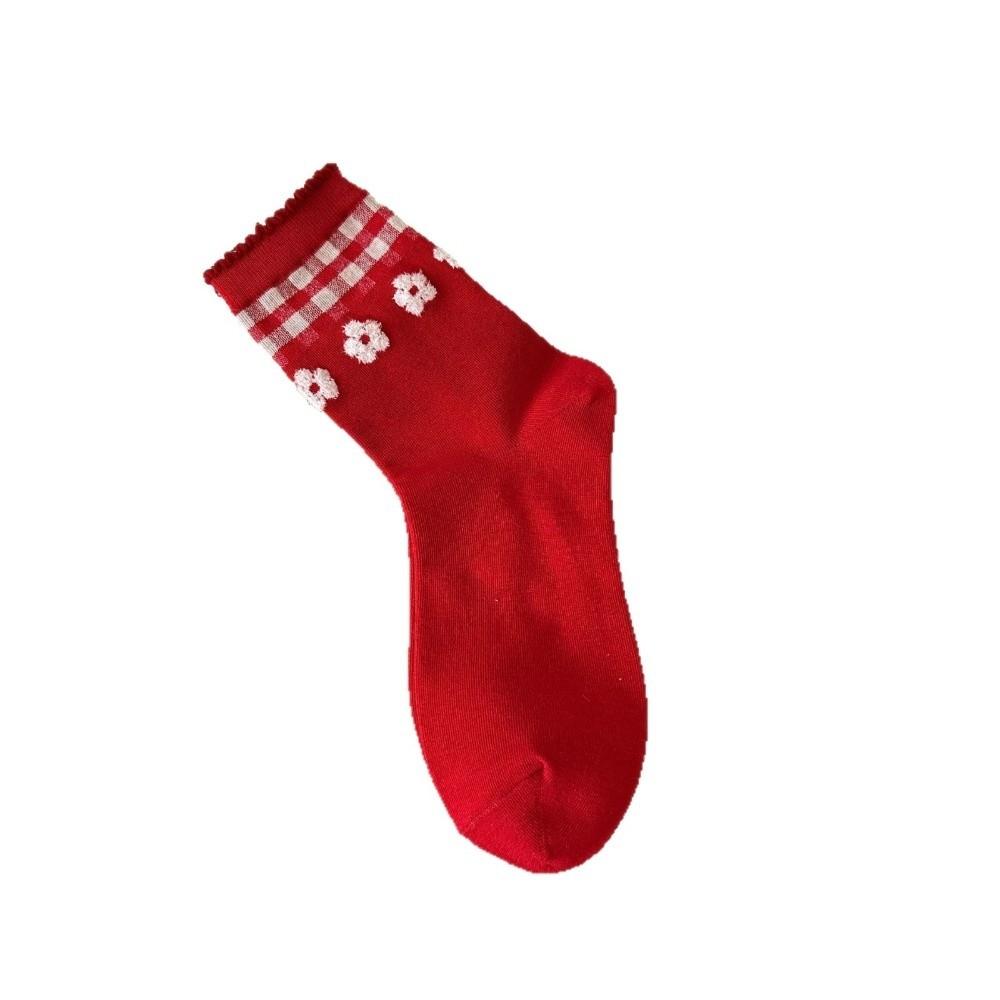 Combed Cotton Red Socks Breathable Flower Socks Plaid Heart Polka Dot Socks  Lunar New Year