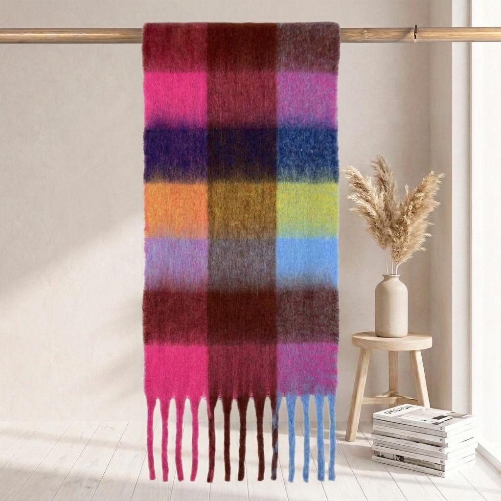 Women's High-Grade Colorful Plaid Mohair Scarf - Thick, Warm, and Versatile for Winter