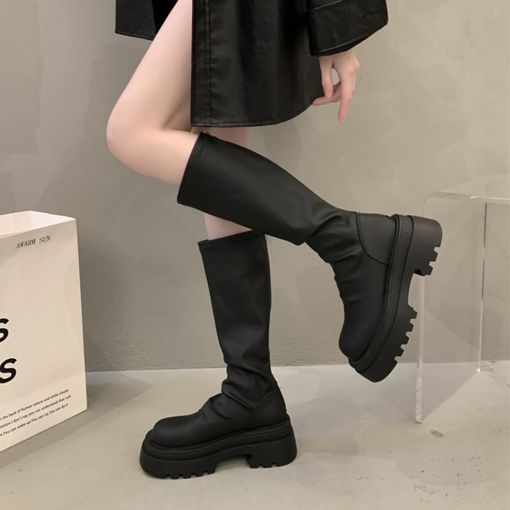 Spice Girl Boots Women's Leather Muffin Thick Bottom Elastic Skinny Boots Small Man Grows Tall Skinny Knight Boots Women's Tide