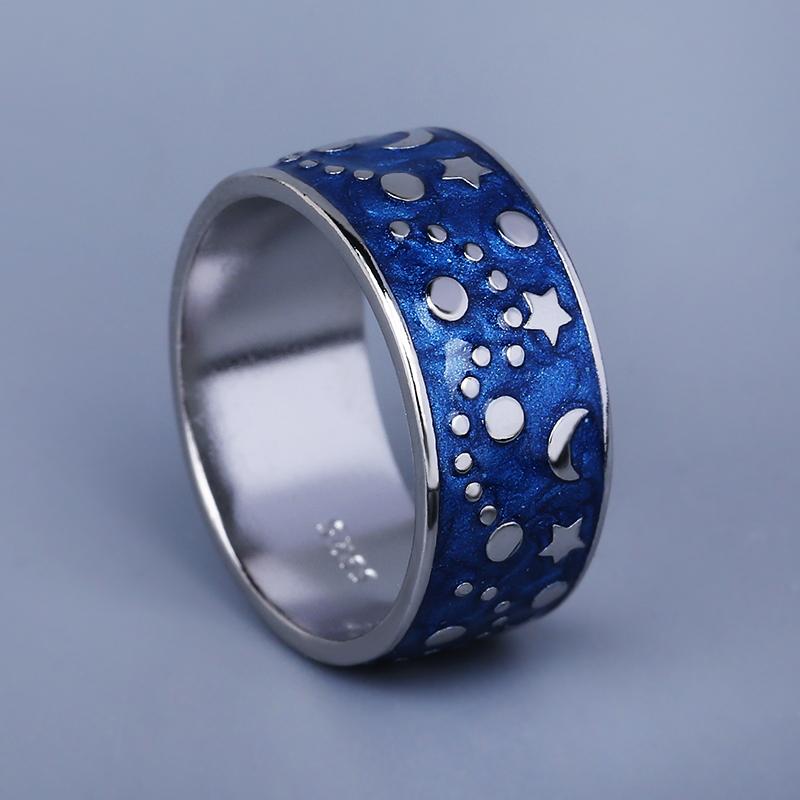 Sterling Silver Creative Design Night Star Moon Ring Handmade Enamel Drip Oil Paint Ladies Jewelry Couple Ring Party Birthda