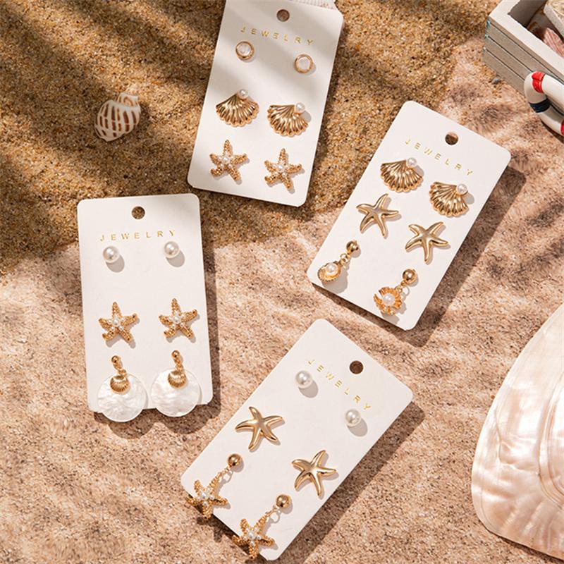 3Pairs Earring Set Gold Color Plated Imitation Shell Smooth Sea Star Pendant Pearl Earrings Women's Jewelry Gift
