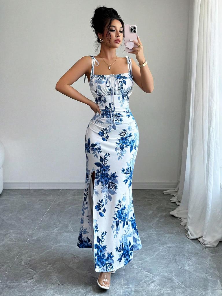 Women's Spaghetti Strap Printed Maxi Dress with Slit - Elegant Spring/Summer Evening & Vacation Attire