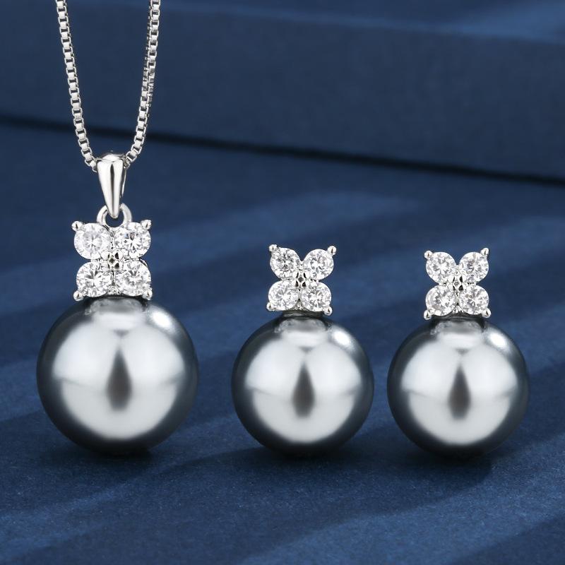 Autumn And Winter Jewelry Copper Bottom Gold-Plated Inlaid Gray Pearl Simple Daily Set 14-12Mm