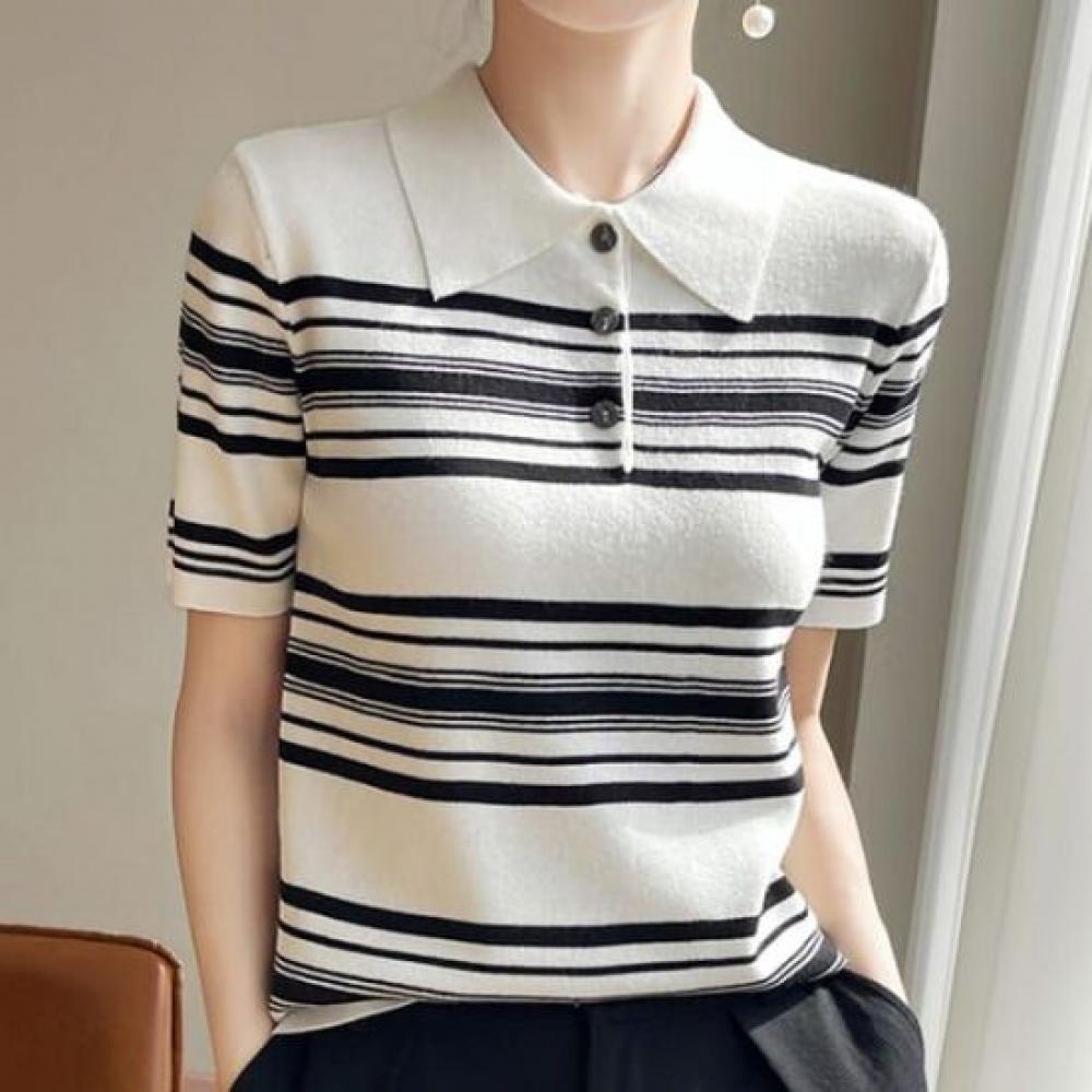 Navava Daily Stripe Collar Half Sleeve Knit Tee Nk2947