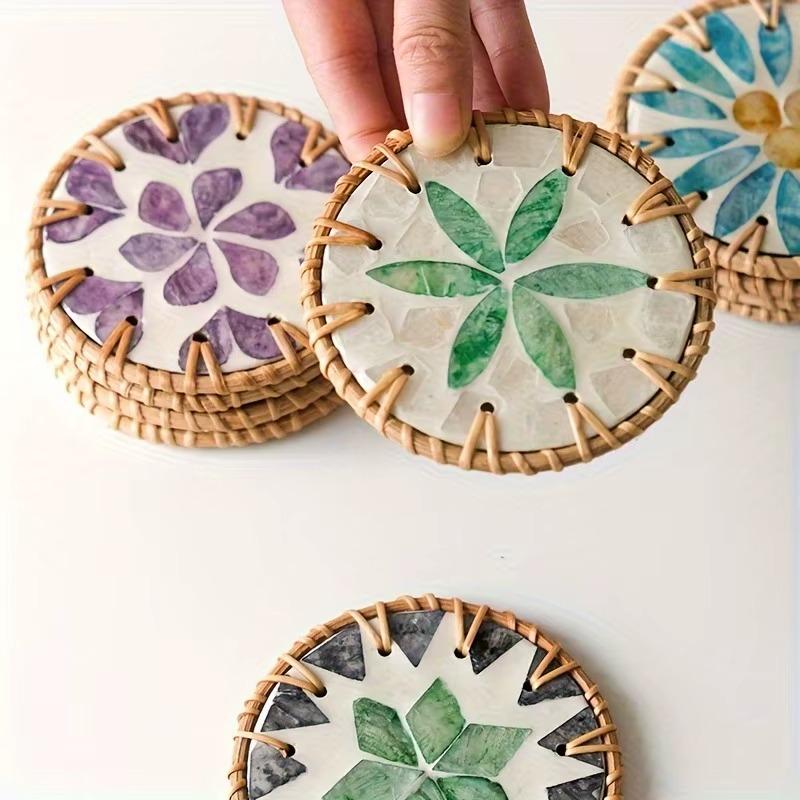 6pcs Handmade Resin Coasters Set Heat-Resistant Table Protectors with Shell Mosaic Leaf/Round Patterns Boho Coaster Party Decor