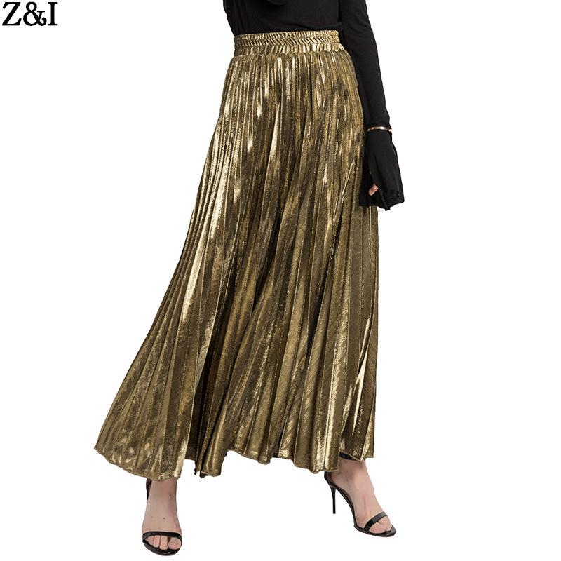 2020 Spring/Summer Pleated Midi Skirt: Plus Size High Waist Gold Beach Dress for Women