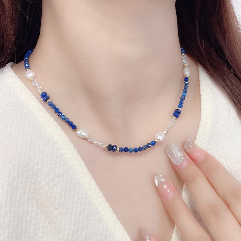 Collier Meier en lapis-lazuli naturel et perles d'eau douce baroques naturelles - Choker cristal splicing pour femmes