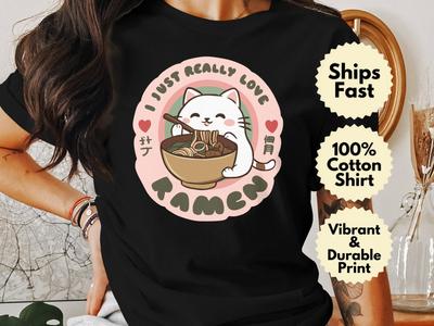 Cute Cat Enjoying Ramen Graphic, Kawaii Anime Cat T-Shirt, Funny I Just Really Love Ramen Sweatshirt, Adorable Ramen