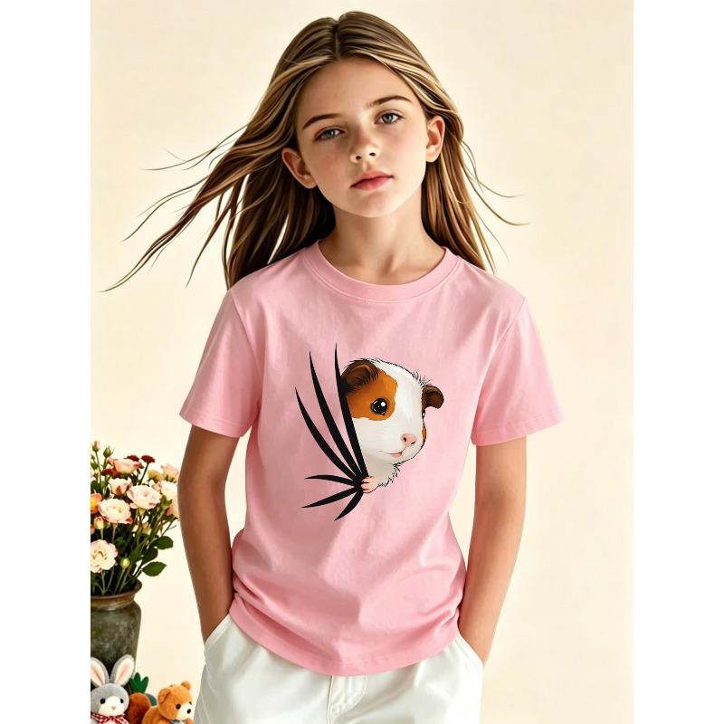European Sizes Girls' Casual Fashion Trendy Short-Sleeve Round-Neck T-Shirt, a Comfortable Top for Leisure. Features a Stylish,  Trendy Print.