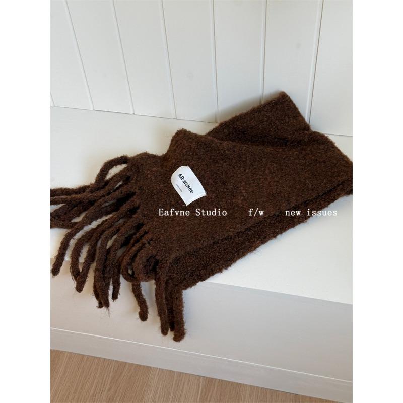 

Korean Solid Color Soft Waxy Wool Blended Fringed Scarf Winter High end Warm Shawl Plush Circle Yarn Scarf 200*25CM