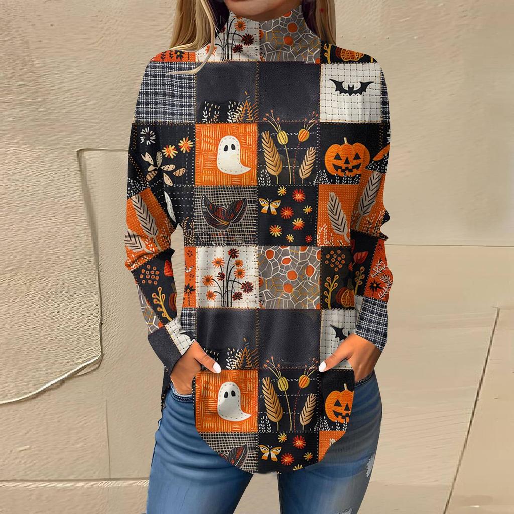 Dam Lös Höghalsad Tryckt Långärmad T-shirt Topp Pullover För Halloween