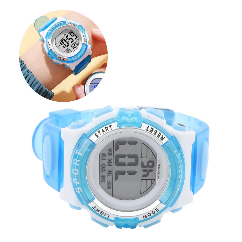 Digital Chronograph Watch Girls Student Electric Waterproof PU Strap for Swimming Sports with Colorful Night Light Alarm