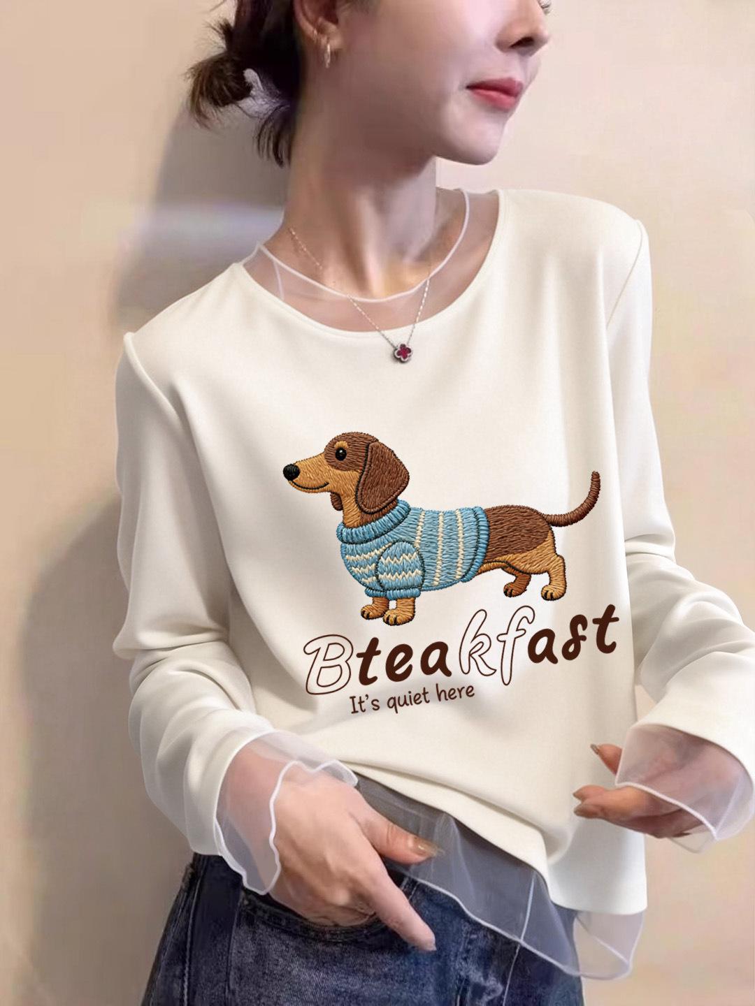 

Women s Retro Dog Print Mesh Long Sleeve Slimming T-Shirt for Autumn/Winter M