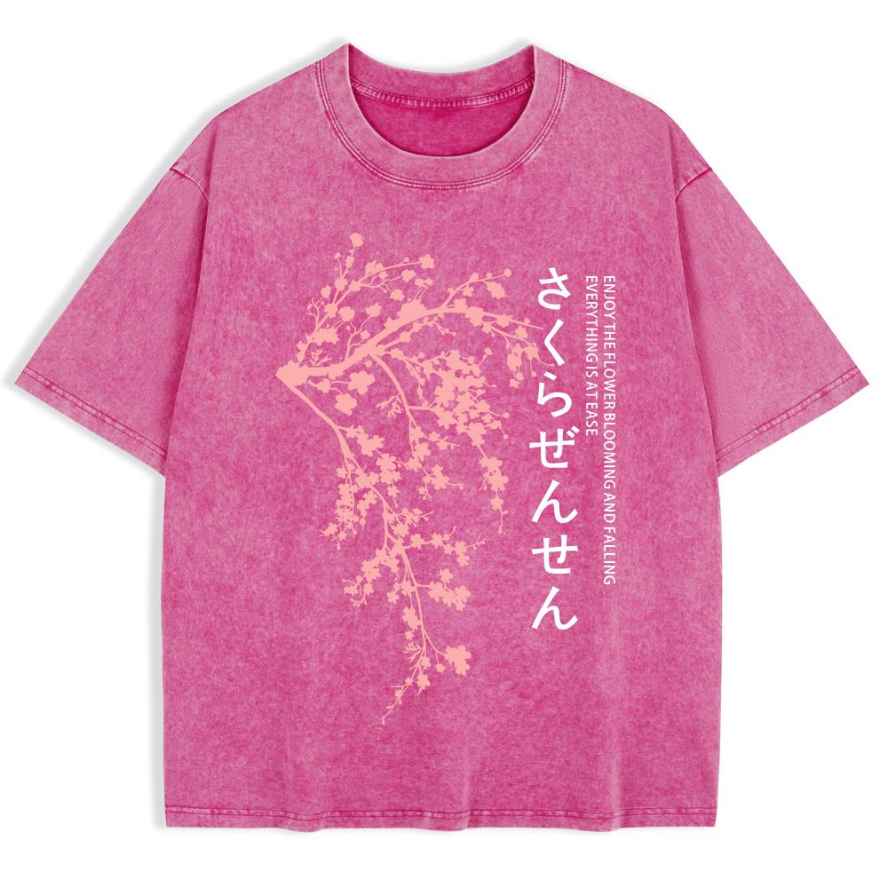 Japan Kirschblüten Aufdruck Gewaschene T-Shirts Herren Baumwolle Oversize T-Shirt Lässige O-Ausschnitt Kurzarm Oberteile Kleidung