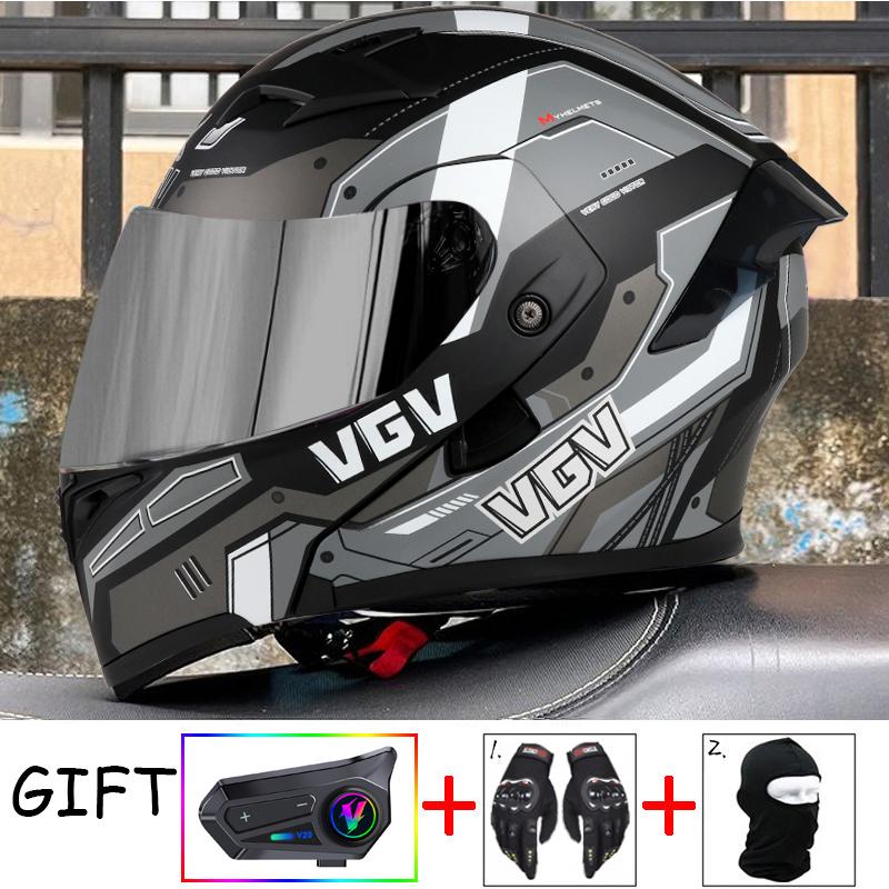 VGV Double Lens flip up helmet Openable motorcycle helmet come with wireless headset gloves headgear Value Promotional Packages
