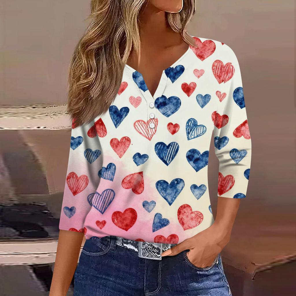 Women's Fashion Button-Up V-Neck Three-Quarter Sleeve Valentine's Day Print Top