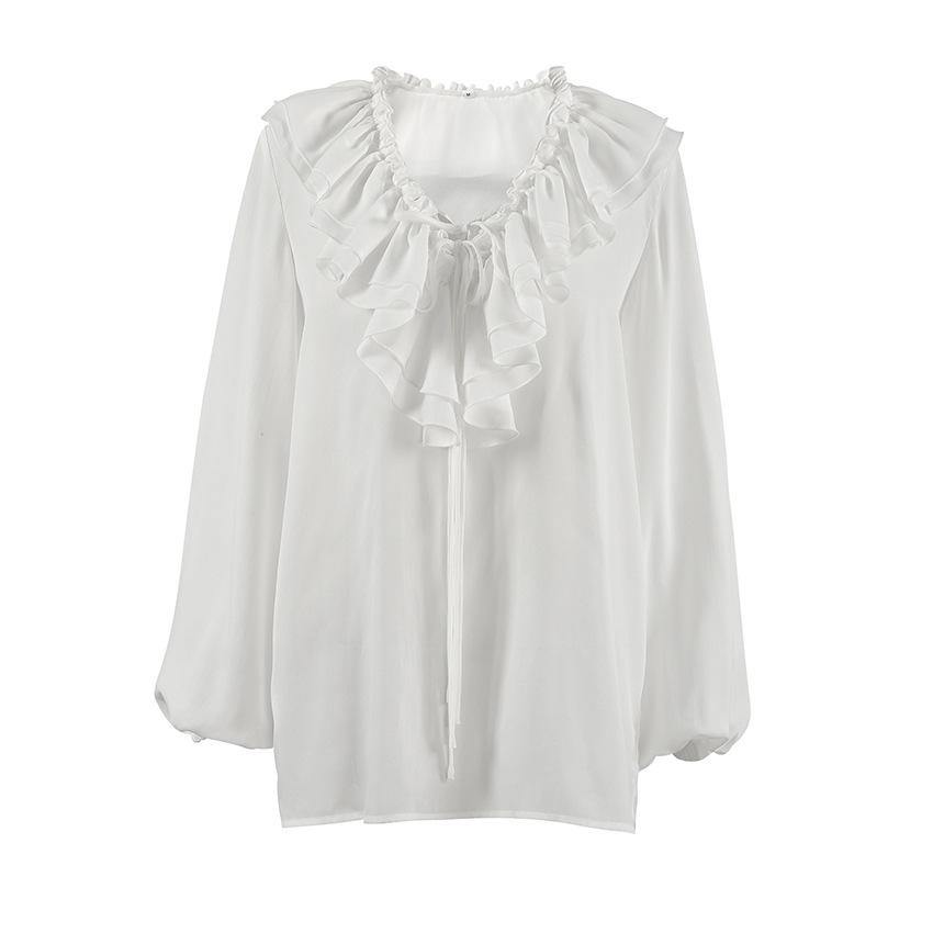 Spring and summer new loose V-neck lace-up ruffle edge long-sleeved shirt women's European and American fashion simple temperament commuter women's 