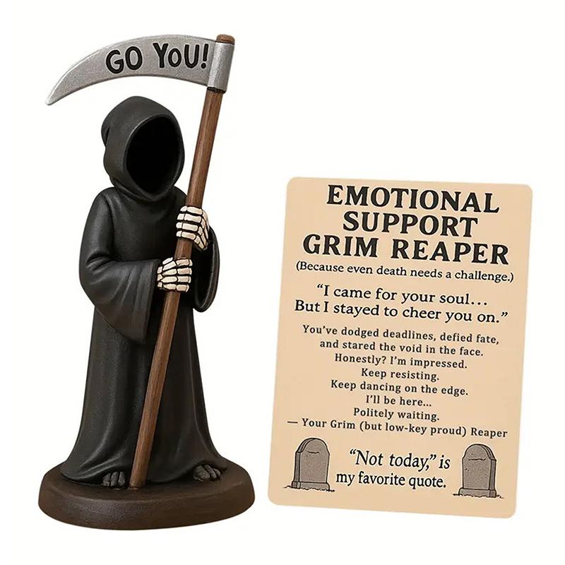 Gothic Emotional Support Figurine Grim Reaper Statue Halloween Decoration Holding Coffee & Cat Resin Desktop Ornament