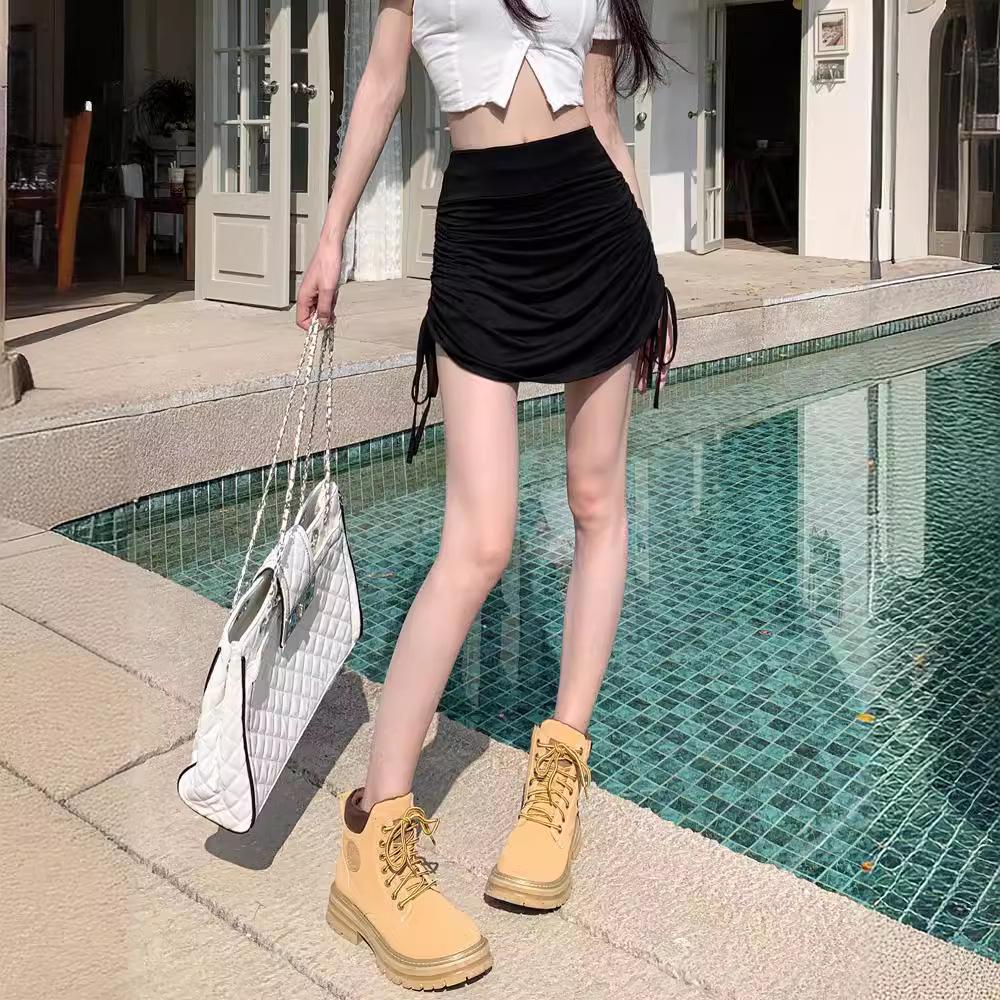 Adjustable Drawstring Black Pleated Bodycon Skirt for Women - Slimming High Waist Summer Midi Skirt 2025