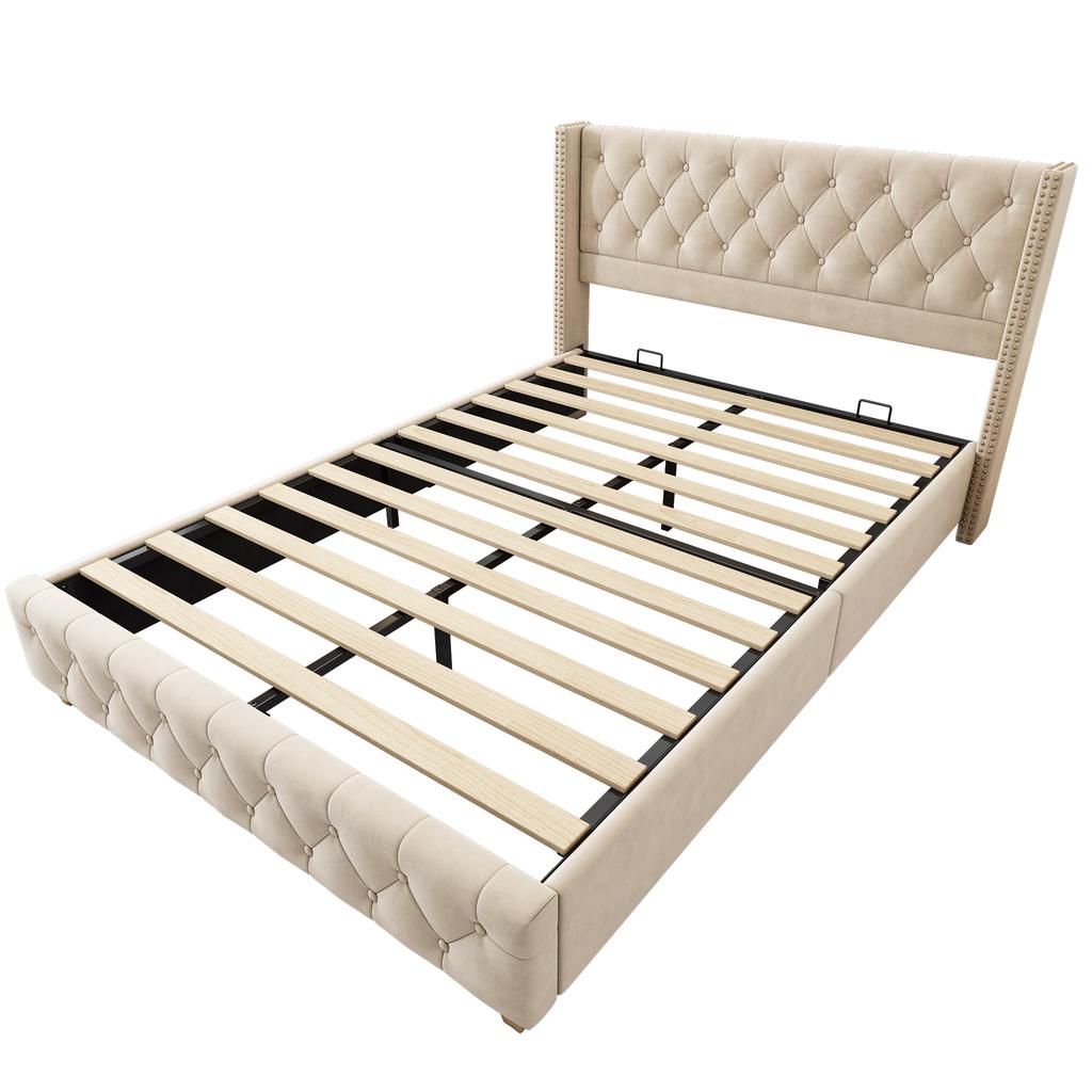 Upholstered Bed 160*200cm with Slatted Frame and Headboard, Button Tufting, Stud Upholstery, Wooden Legs, Velvet, Light Beige
