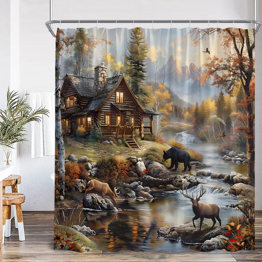 Deer Autumn Scenery Shower Curtain Maple Tree Cabin Stream Mountains Nature Landscape Polyester Bathtub Curtain Bath Decorations