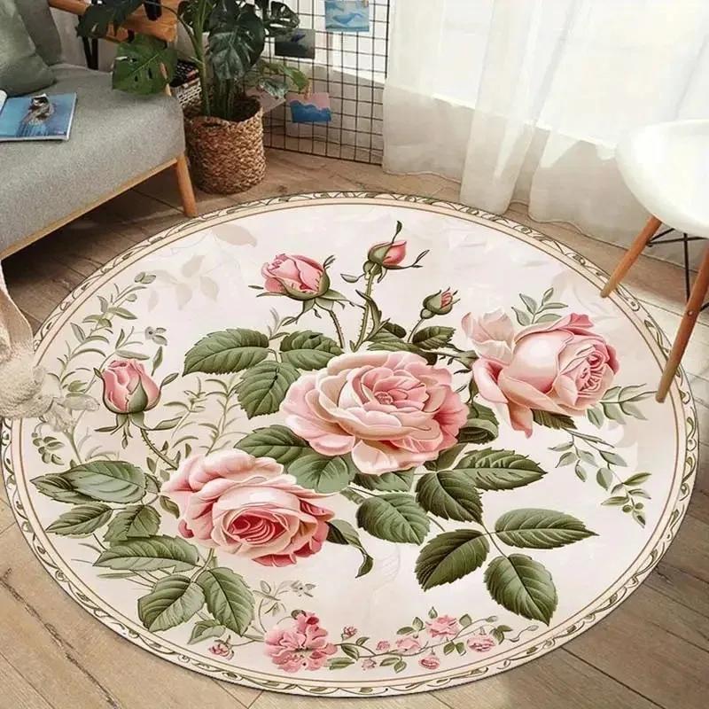 Tapis Rond Élégant Rose – Tapis Style Victorien Vintage pour Cuisine & Bureau, Tapis de Sol Floral Classique Décoration de Maison Diameter 90cm(35in)