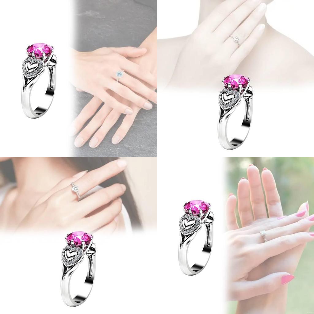 Bague Tendance en Forme de Cœur avec Cristal Zircon Rose et Anneau Réglable Plaqué Argent pour Femmes
