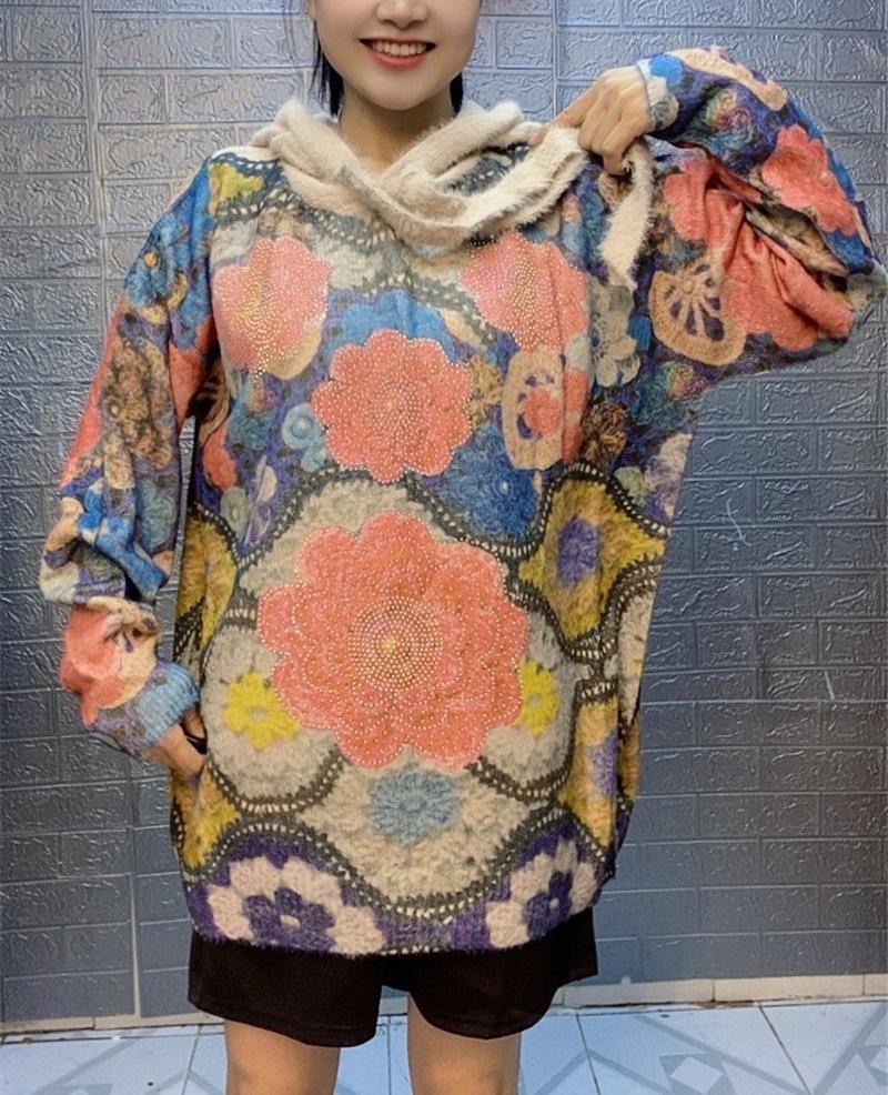 Retro Rhinestone Mink Velvet Hooded Sweater: Women's Loose Long Sleeve Knit Top, 2025 Edition