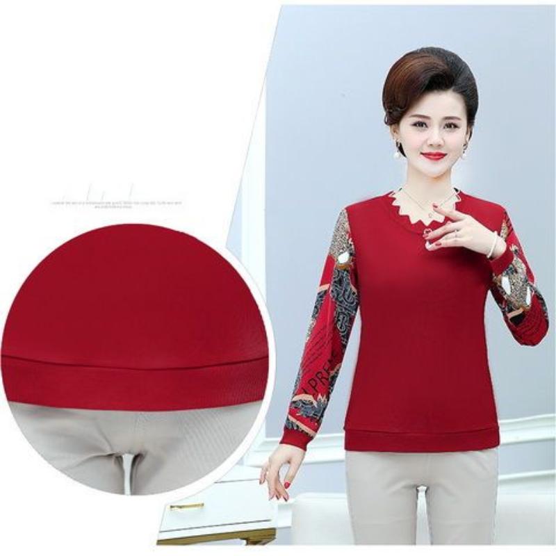 Mom's Bottoming Shirt New Spring Autumn New Printed Blouse Fashion Long Sleeve Round Neck T-shirt XL-5XL