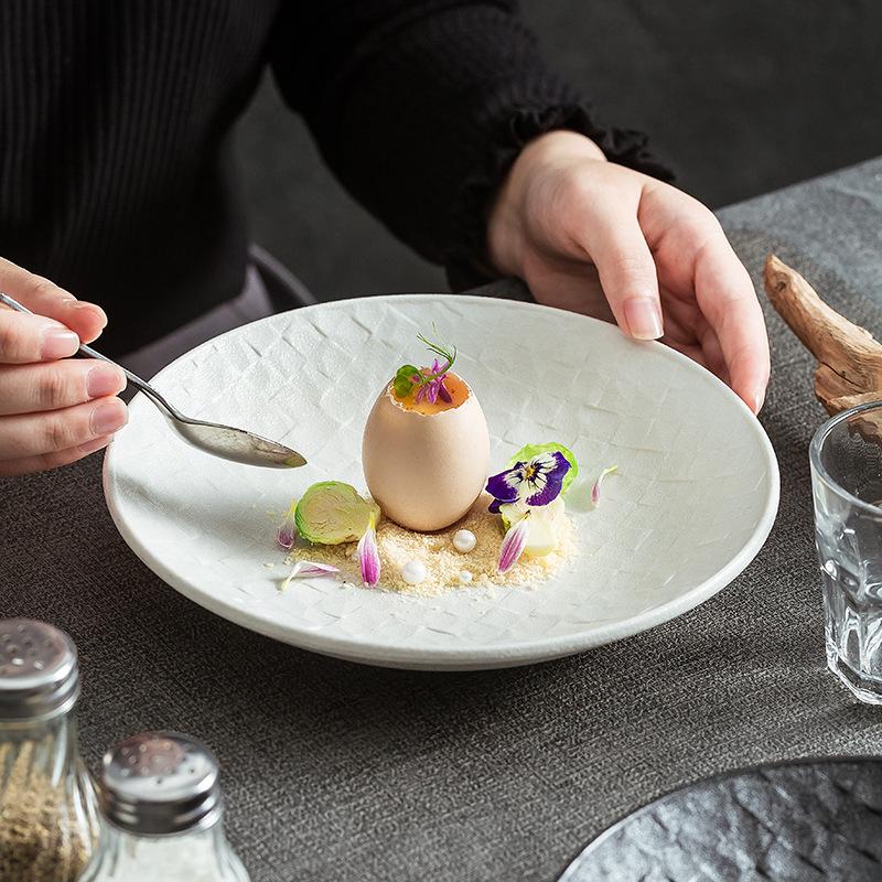 Nordic Grid Texture Ceramic Dinner Plate Round Matte Rock Pattern Cooking Plate Household Vegetable Dish Hotel Tableware Kitchen