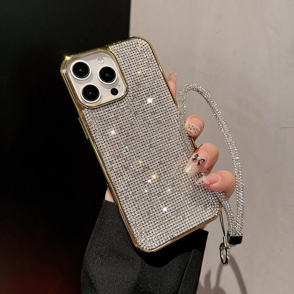 Custodia Lussuosa Bling in Pelle PU per iPhone 16 Pro Max 15 Plus 14 13 12 11 con Cinturino Diamantato Glitterata Antiurto Anti-Caduta