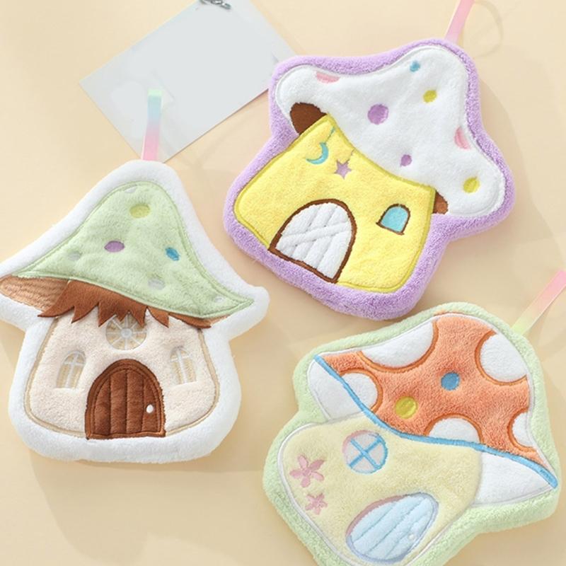 Soft Absorbent Coral Fleece Kitchen Towel Fun Mushroom Shape Handkerchief Wipe Rag Cloth Quickly Dry and Easy Hanging