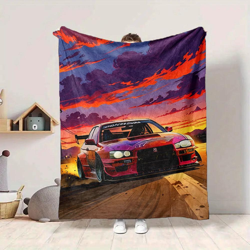 1pc Drift Car, Sunset Blanket Lightweight Flannel Blanket Throw Blanket For Sofa, Bed, Travel, Camping, Livingroom, Office, Couch