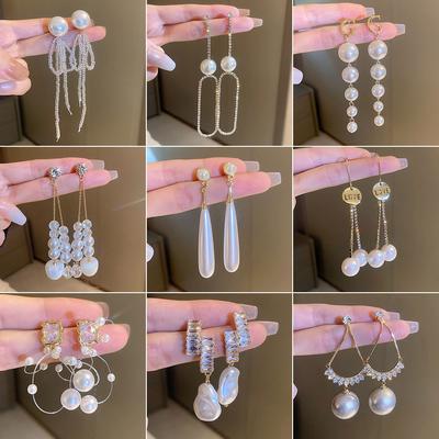 Pearl Diamond Geometric Long Earrings French Fashion Design Stud Earrings Internet Celebrity Earrings Women