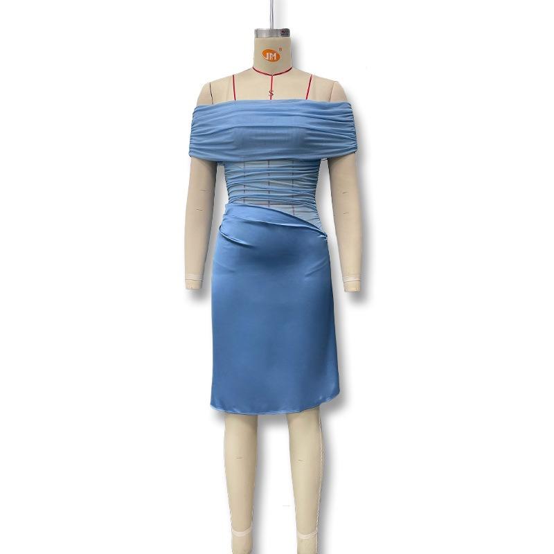 Women's Summer New Sexy One-word Shoulder Mesh Stitching Slim Pleated Short Dress Women