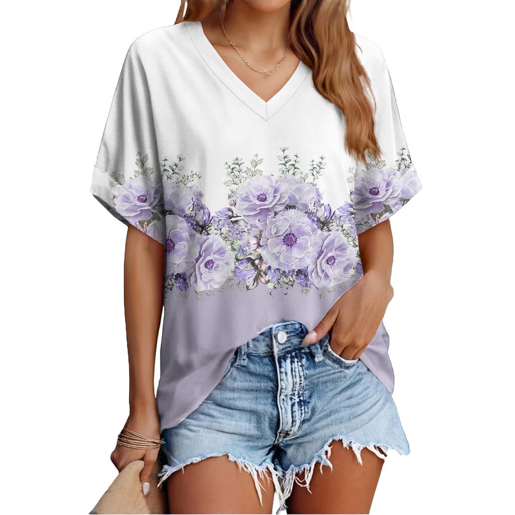 Women's Fashionable Casual Everyday Versatile Floral Print Slim-Fit Summer Short-Sleeve Top