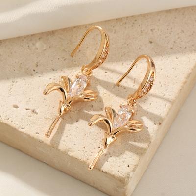 1 Pair Simple Flowers Zirconia Dangle Earrings for Women Golden Earring Jewelry Wedding Party Accessories