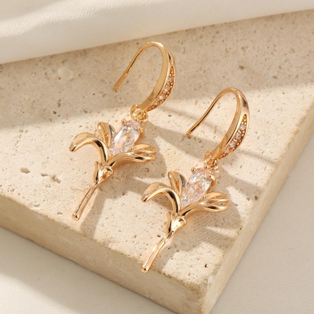 

1 пара простых серег-подвесок с цветами и цирконием для женщин, золотые серьги, ювелирные изделия, аксессуары для свадьбы и вечеринки золотой