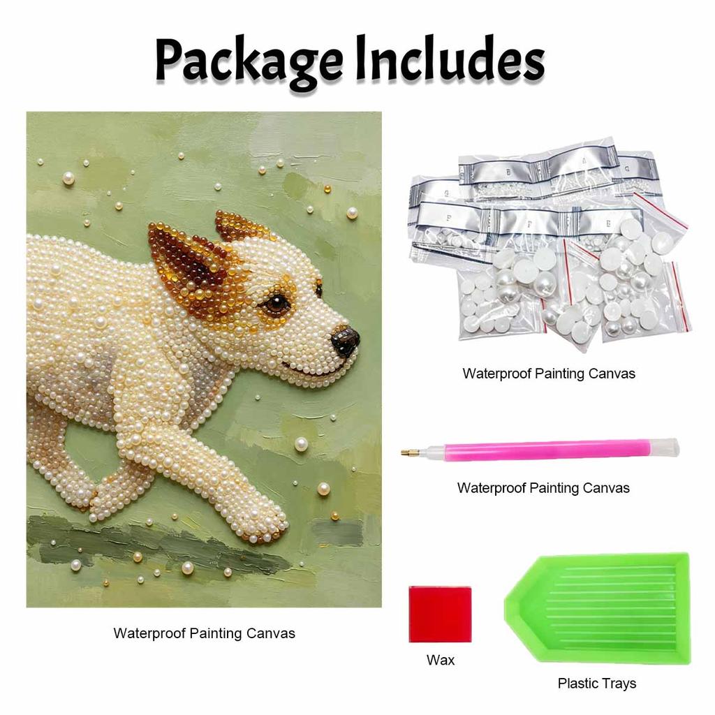 DIY Framed Pearl Painting Kit with Running Cute Dog 5D Sparkling Bead Art Canvas Ready to Display Home Decor Modern Wall Art Gift Idea