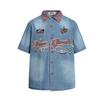 American Retro Washed Denim Shirt Loose Short Sleeve Patch Embroidered Street Shirt Men