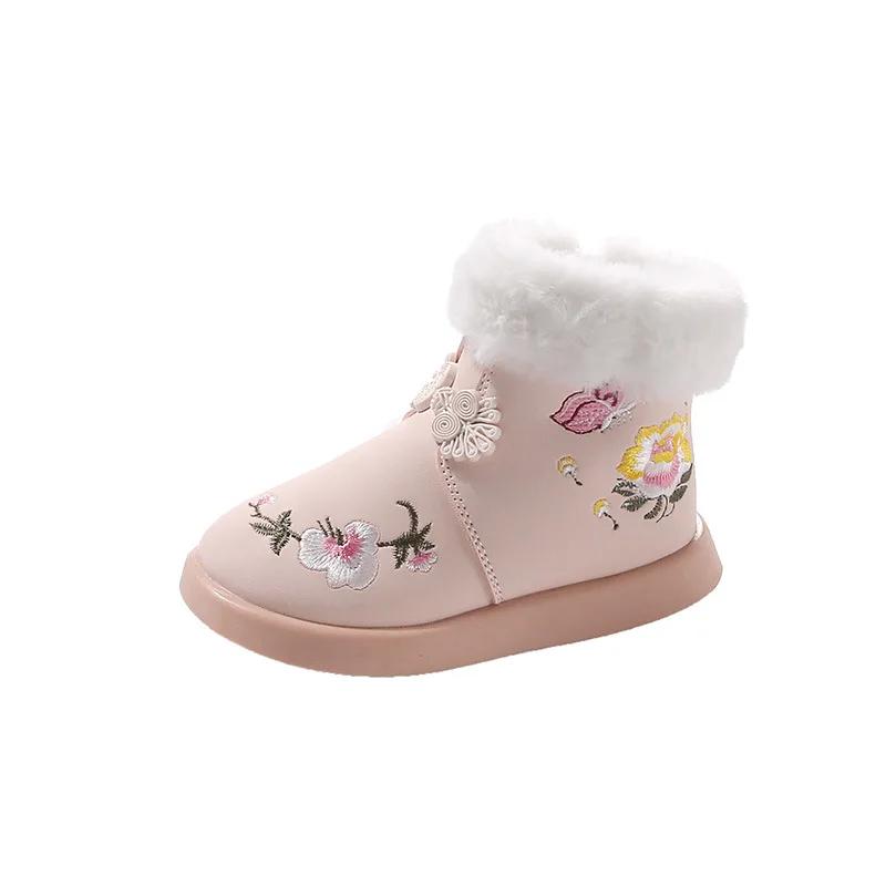 Kinder Schneestiefel für Winter Süße Mädchen Prinzessin Schuhe mit Fell Rutschfest 2024 Neue Mode Kinder Warme Stiefel Bestickt Elegant